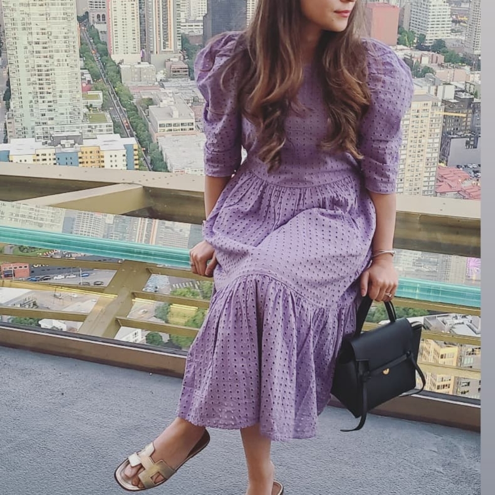Lavendar colored puff sleeve eyelet midi dress XS